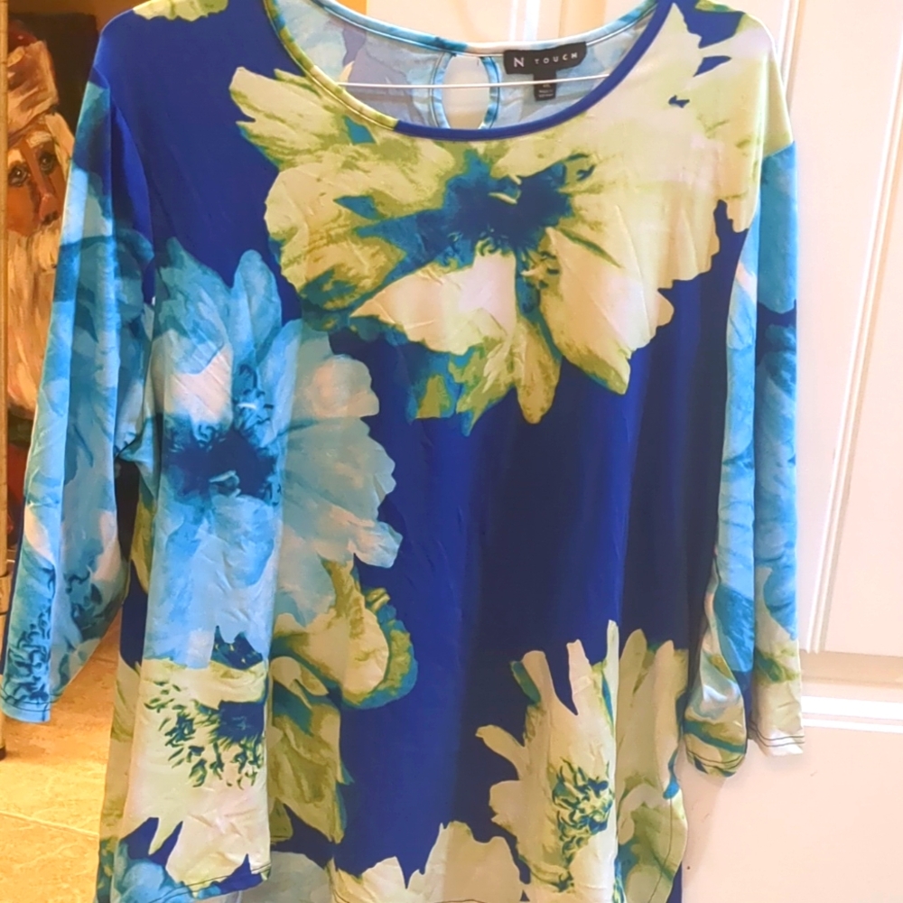 Women's plus size 1x top shirt blouse n touch brand blue green yellow 3/4 sleeve